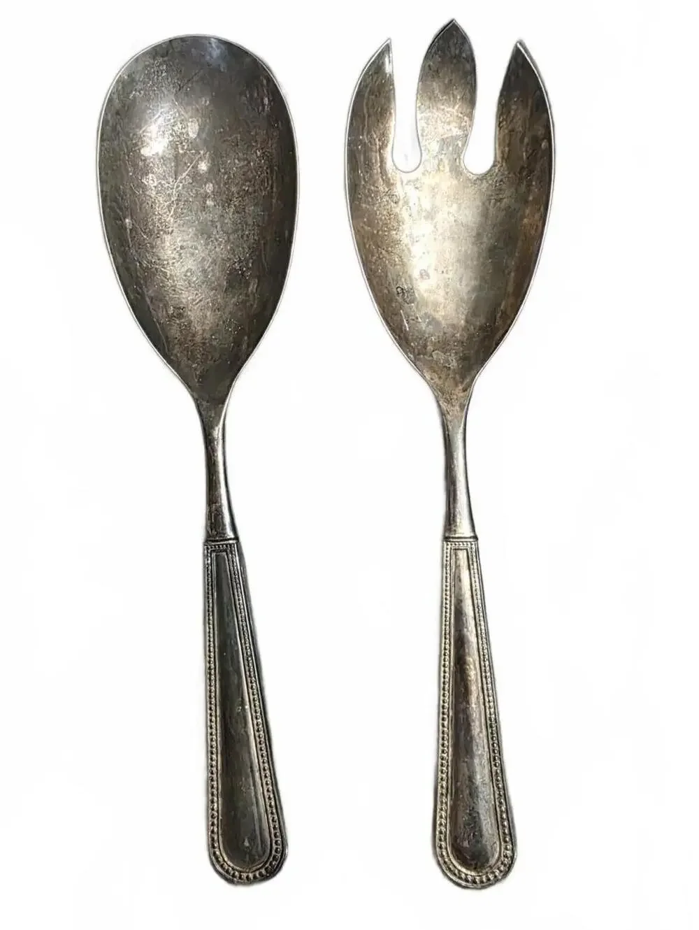 Vintage Godinger Silver Plated Salad Serving Set Spoon Fork Beaded Flutes Pearls